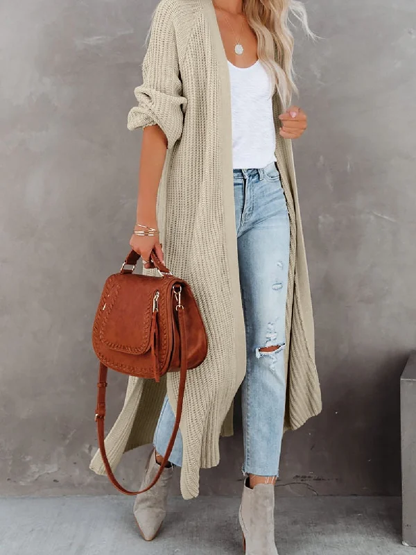 Beige Chunky Knit Open Front Duster Cardigan with Side Slits Boxy Cardigan Fitted Cardigan A-Line