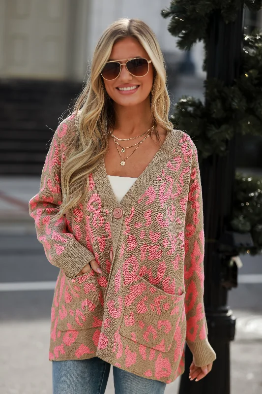 FINAL SALE - Fierce Darling Pink Leopard Sweater Cardigan Houndstooth Herringbone Solid