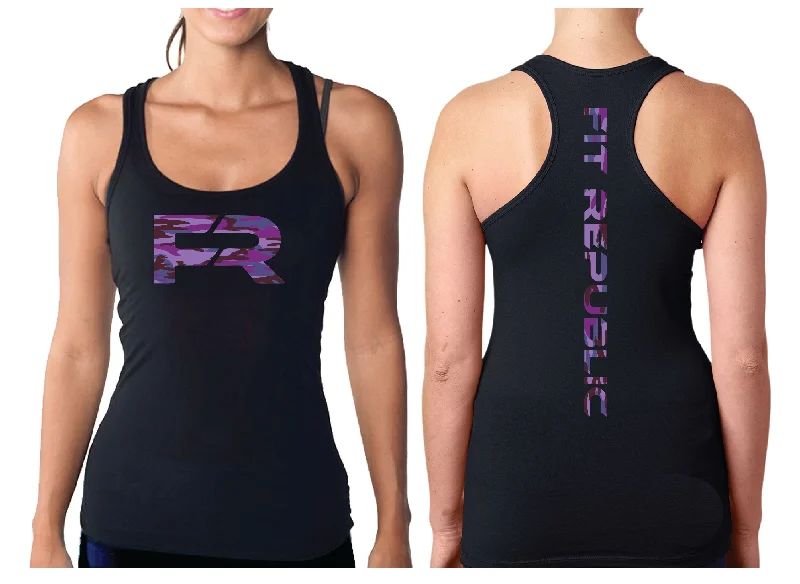 Woman's Black Tank Top w/ Purple Camo Logo flowy tank top