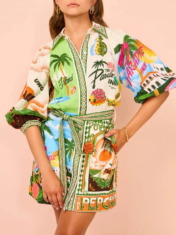 Casual Unique Printed Charming Shirt Cardigan Dress Toggled Drawstring Belted