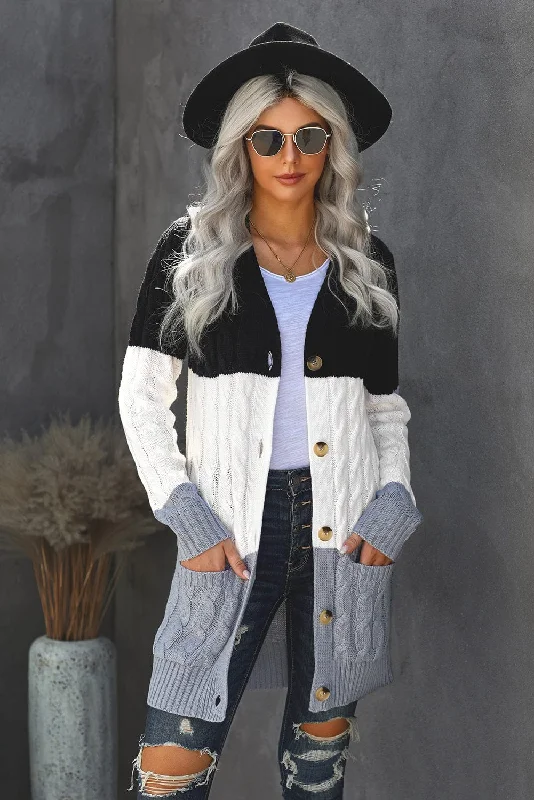 Block Color Cable Knit Cardigan Slim Fit Regular Fit Oversized