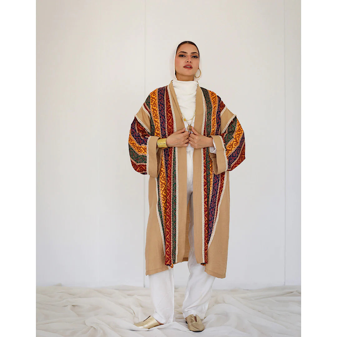 Printed beige cardigan kaftan Handmade Hand-knitted Hand-woven