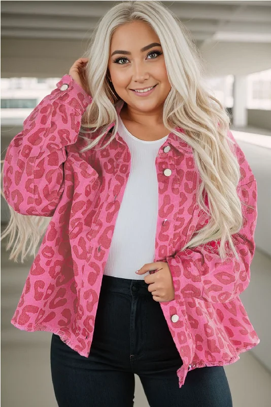 Pink Plus Size Leopard Print Button Cuffs Raw Hem Jacket Hoodie Zip-Up Jacket Button-Up Jacket