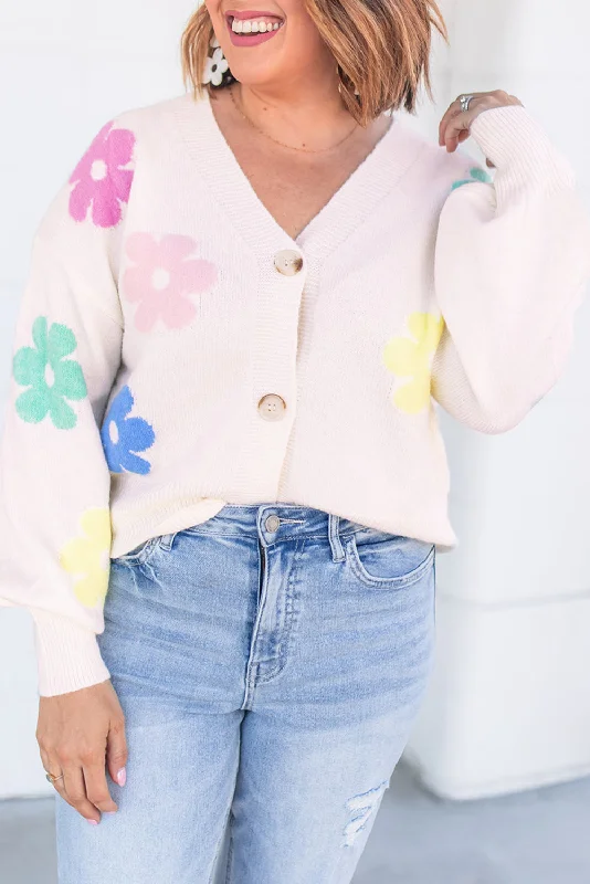 Beige Floral Pattern V Neck Buttoned Plus Size Cardigan Asymmetrical,ymmetric Pencil Cardigan