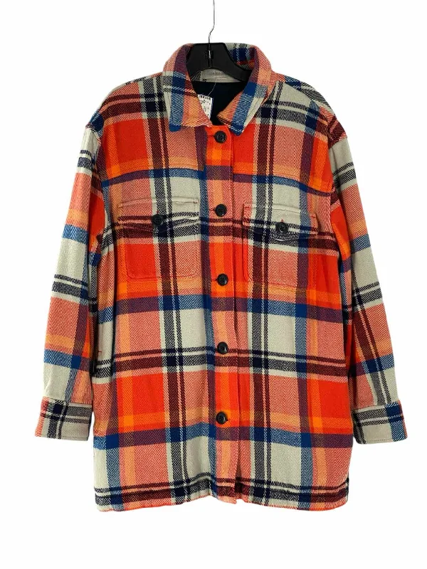 Outerknown Size L Orange Blue Plaid Jacket Zip Front Button Front Snap Front