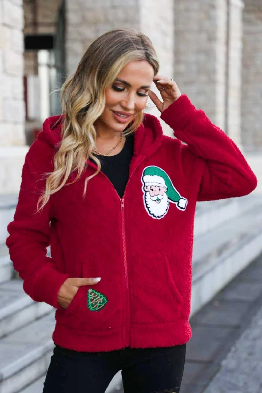 Christmas Graphic Zip-Up Hooded Jacket Welt Pockets Slit Pockets Flap Pockets