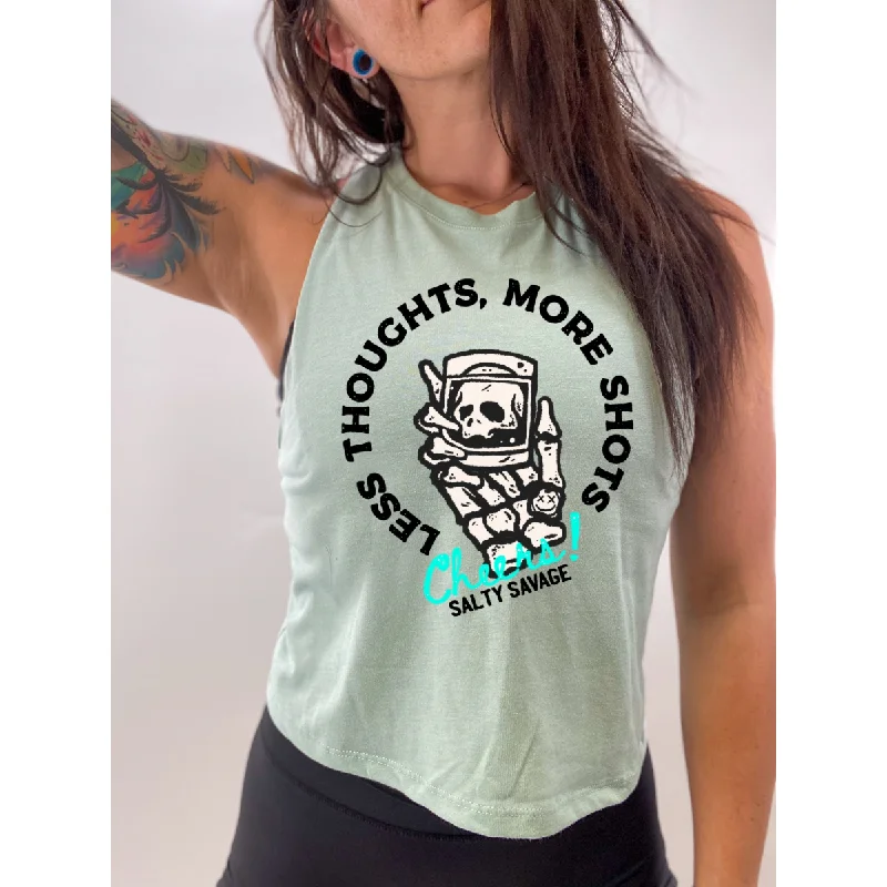 Salty Savage Ladies “LESS THOUGHTS, MORE SHOTS" Flowy Crop Tank flirty tank top