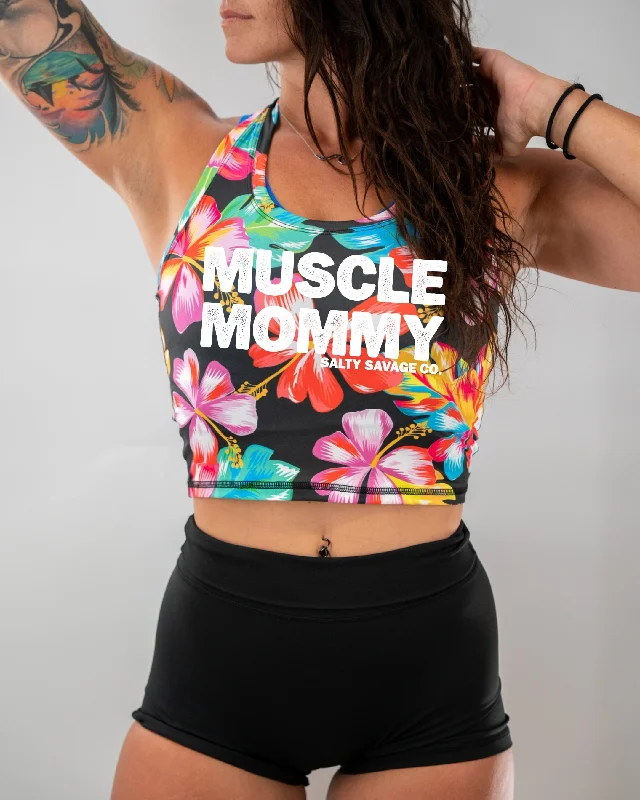 Salty Savage Ladies “MUSCLE MOMMY” Racerback Performance Crop Tank playful tank top