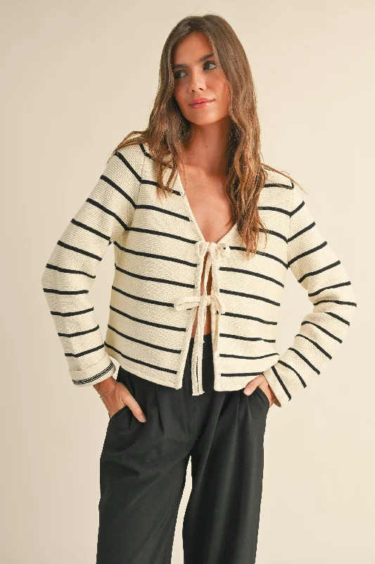The Emersyn White Striped Cardigan Solid Print Embellished