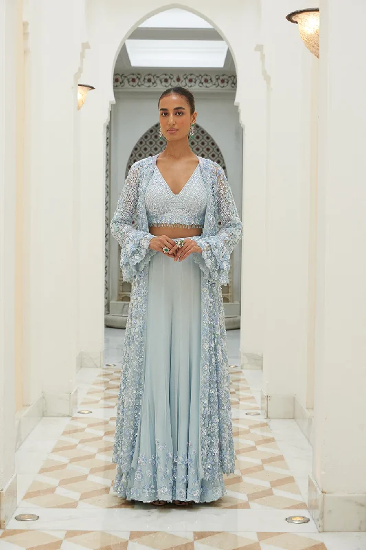 ICE BLUE BUSTIER, JACKET AND SHARARA SET Fleece Fabric Down Fabric Feather Fabric
