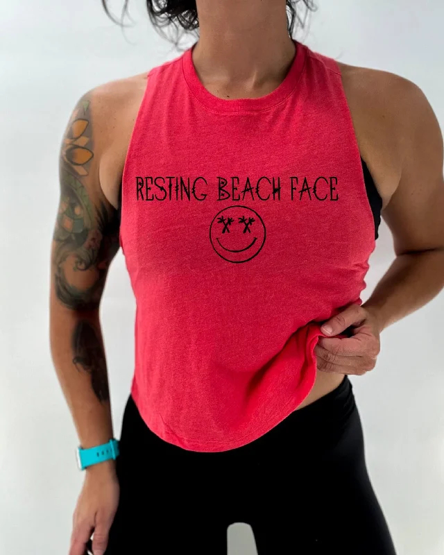 Salty Savage Ladies "Resting Beach Face" Flowy Racerback Crop Tank print tank top