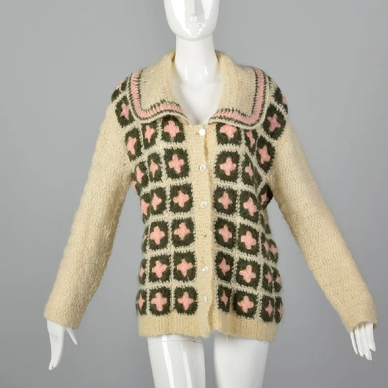 Large Schiaparelli 1950s Cream Cardigan Sweater with Pink and Green Granny Squares Beaded Cardigan Sequined Faux Fur