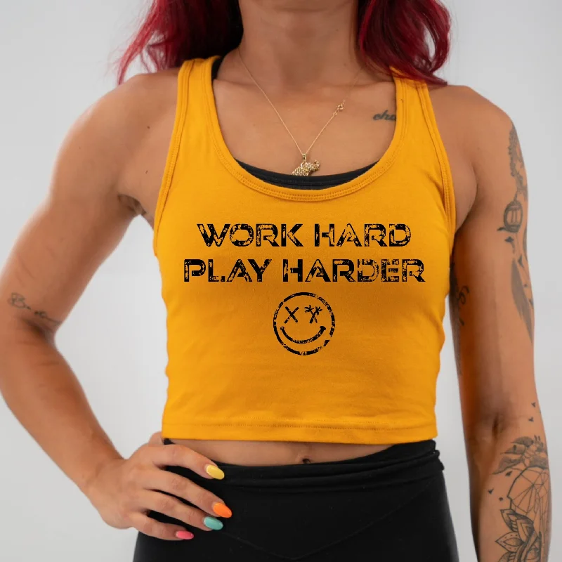 Salty Savage Ladies "WORK HARD, PLAY HARDER" Racerback Crop Tank print tank top