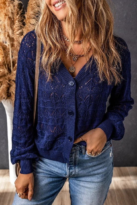 Blue Crochet Hollow-Out Cardigan with Buttoned Front Machine Wash Dry Clean Hand Wash