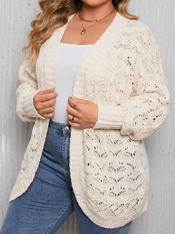 Beige Plus Size Textured Knit Open Ribbed Trim Cardigan Silk Blend Satin Velvet
