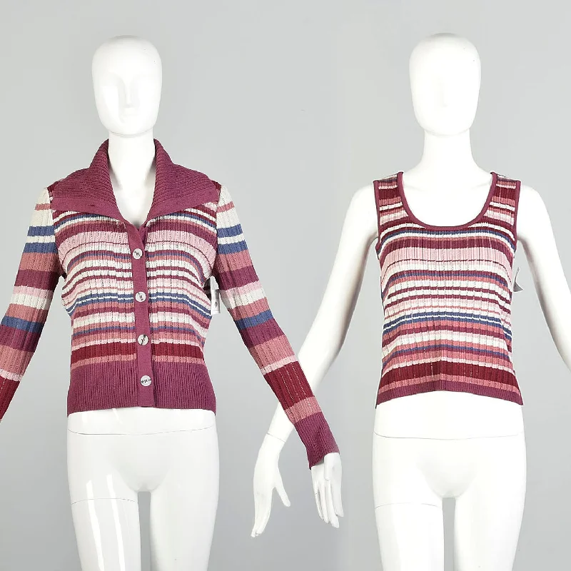 XXS 2000s St.John Twinset Horizontal Stripe Cardigan Sleeveless Tank Top  Set Front Pockets Side Pockets Patch Pockets