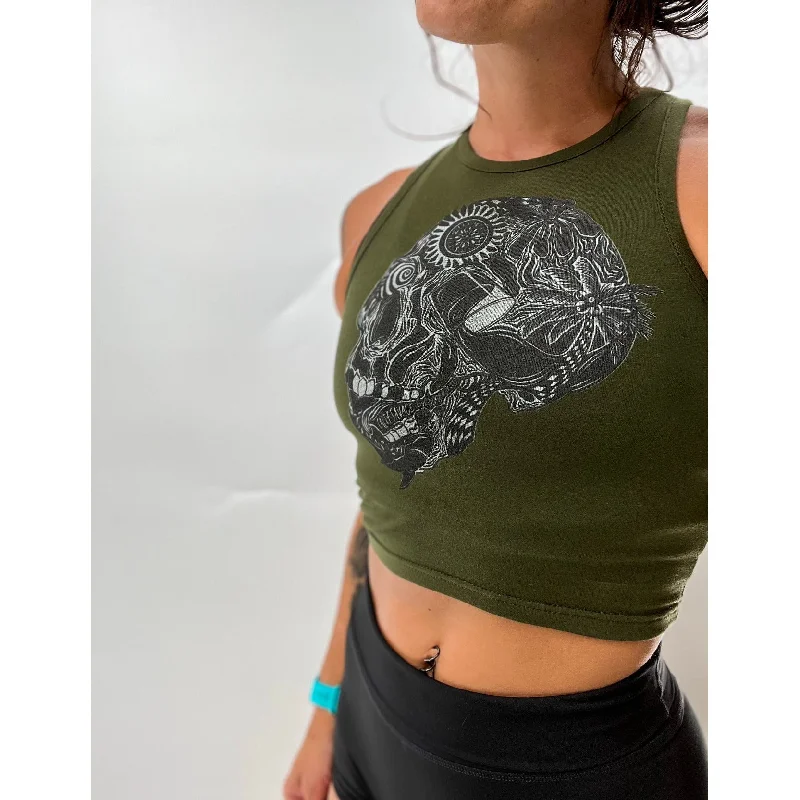Salty Savage Ladies "Out of My Mind" Skull High Neck Cropped Tank | Olive mesh tank top