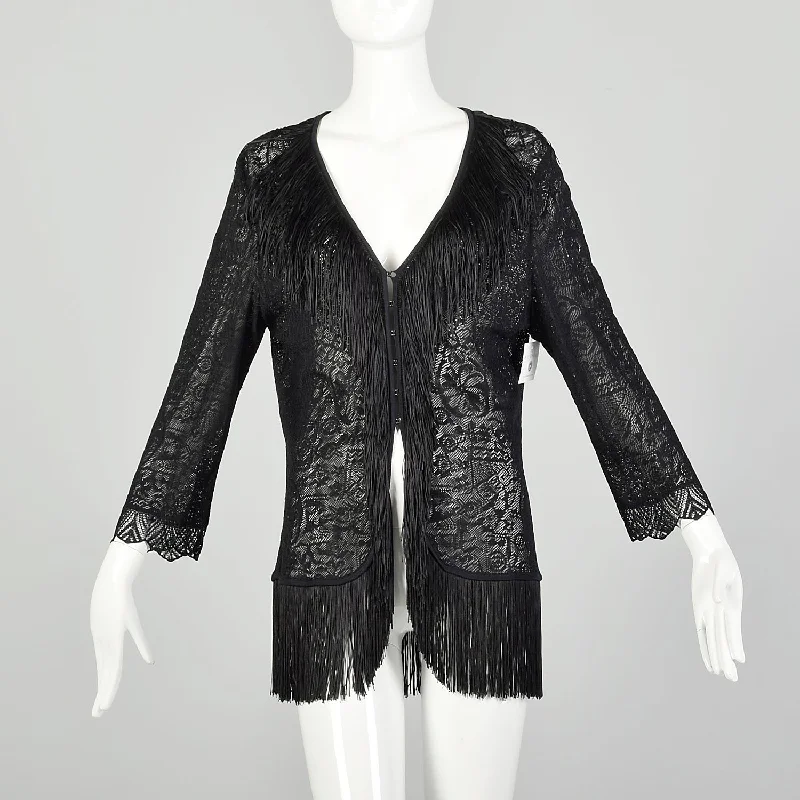 Large 1990s Escada Black Fringe Jacket Goth Sheer Lace Cardigan Cotton Fabric Linen Fabric Terry Fabric