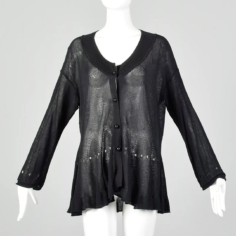Sonia Rykiel 1990s Black Ruffle Crochet Detail Cardigan Spandex Rayon Corduroy