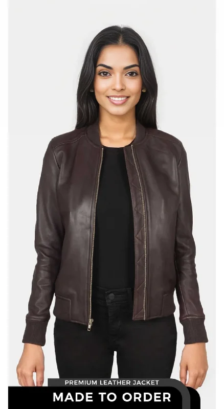 Bliss Brownish Maroon Leather Bomber Women Jacket Front Pockets Side Pockets Patch Pockets