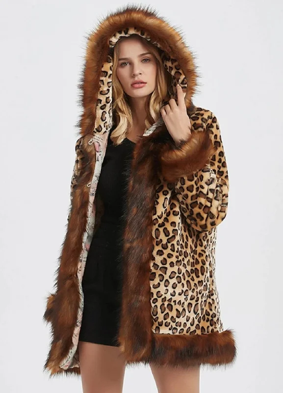Womens Leopard Print Hooded Faux Fur Collar Jacket A-Line Jacket Boat Neck Shawl Collar