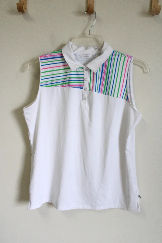 Lady Hagen White Striped Polo Tank | L cutout tank top