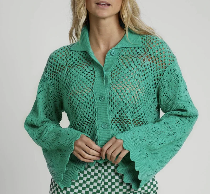 Maddox Crochet Cardigan - Green Notch Collar Peter Pan Collar Cowl Neck