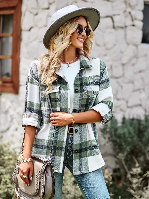 Plaid Dropped Shoulder Shirt Jacket with Breast Pockets Chenille Jacket Brocade Jacket Lace Jacket