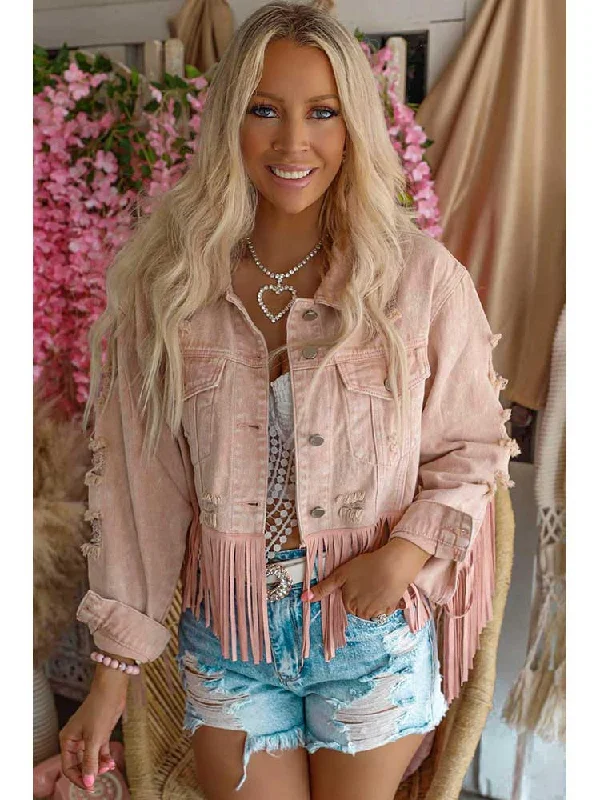 PINK FRINGE DENIM JACKET Rayon Jacket Velvet Jacket Corduroy Jacket