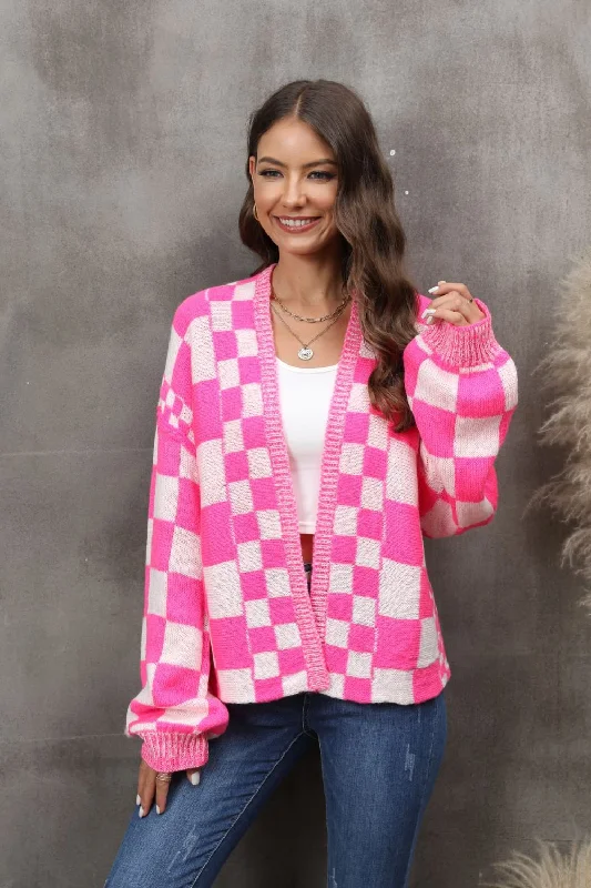 Checkered Open Front Drop Shoulder Cardigan Welt Pockets Slit Pockets Flap Pockets