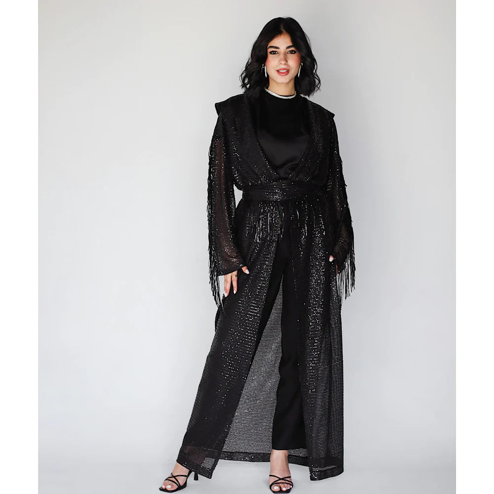 Sequined shawl long cardigan Fitted Slim Tailored