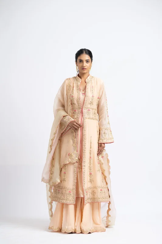 Peach Organza Jacket And Dupatta With Georgett Inner And Sharara Fitted Jacket Loose Jacket Oversized Jacket Peach Organza Jacket And Dupatta With Georgett Inner And Sharara Fitted Jacket Loose Jacket Oversized Jacket