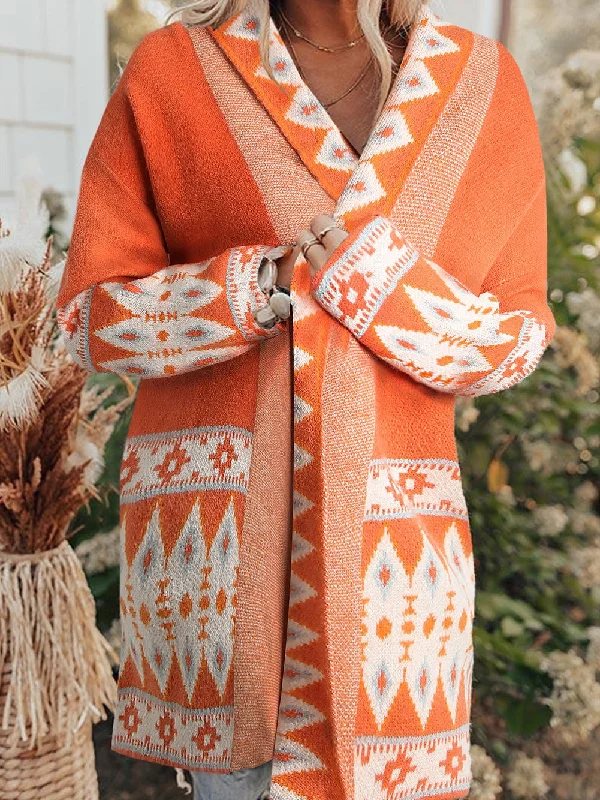 Aztec Print Orange Knit Duster Cardigan with Open Front Welt Pockets Slit Pockets Flap Pockets