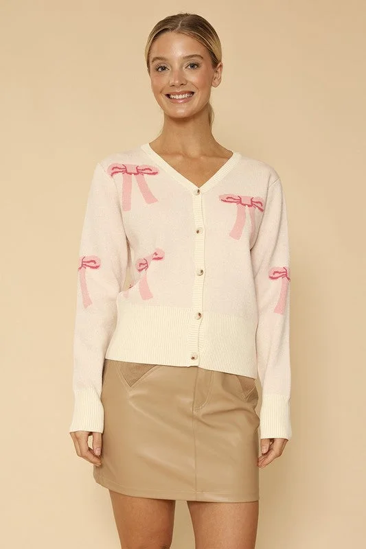 Cropped knit bow cardigan Embroidered Appliqued Beaded
