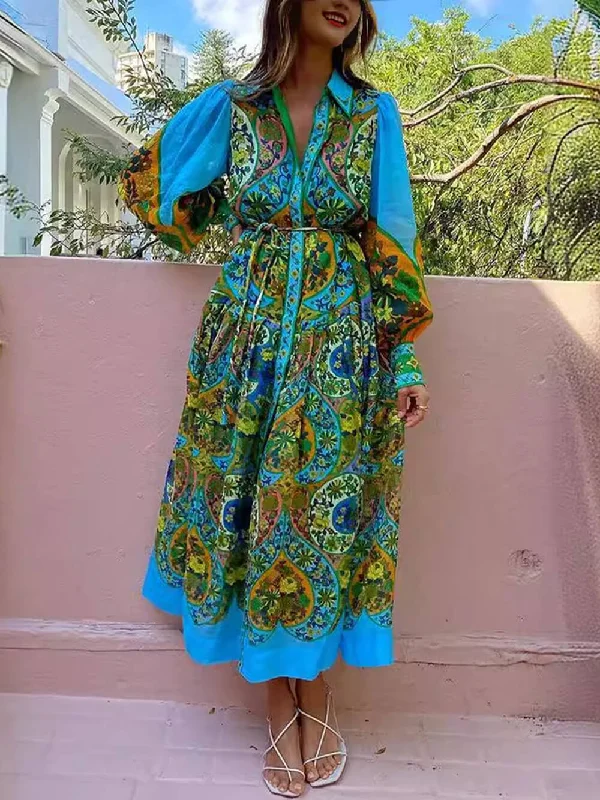 Ethnic Print Cardigan Charming Lace-Up Lapel Long-Sleeved Dress Cable Knit Ribbed Knit Lace Knit