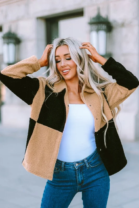 Color Block Snap Down Sherpa Jacket Denim Jacket Leather Jacket Suede Jacket