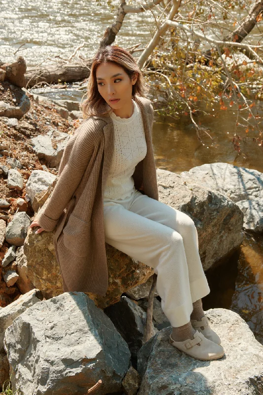 Long Ribbed Cardigan Coat Solid Print Embellished
