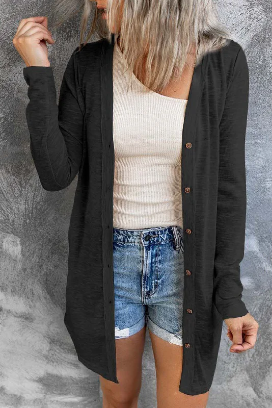 Black Solid Color Open-Front Buttons Cardigan Welt Pockets Slit Pockets Flap Pockets