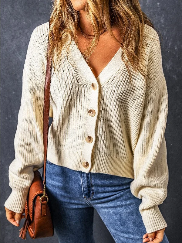 Beige V Neck Button-Up Knit Cardigan Mesh Cardigan Canvas Denim