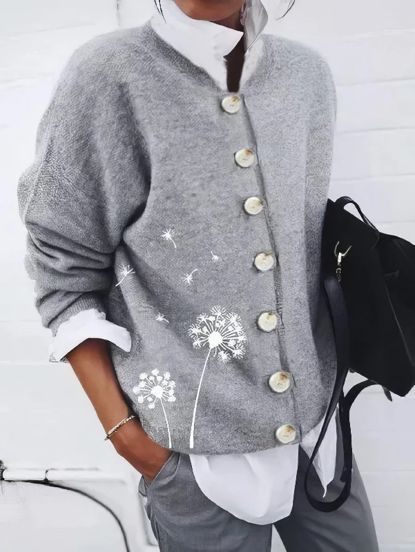Casual Button-Down Cardigan Sweater Solid Print Embellished