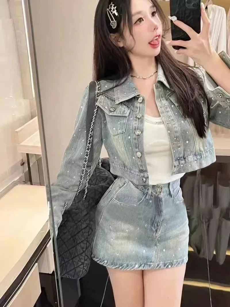 Sweet Temperament Denim Jacket A-line Skirt Two-piece Set Women Fashion Korean Diamond Lapel Solid Spring College Chic Lady Suit Wool Jacket Cashmere Jacket Tweed Jacket