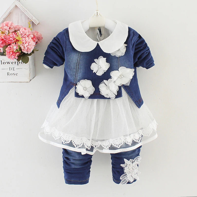 Spring Autumn Infant Toddler Baby Girl Denim Clothing Sets 3 pcs Long Sleeve T Shirt Tops Denim Jacket and Jeans Trousers Zip Front Button Front Snap Front
