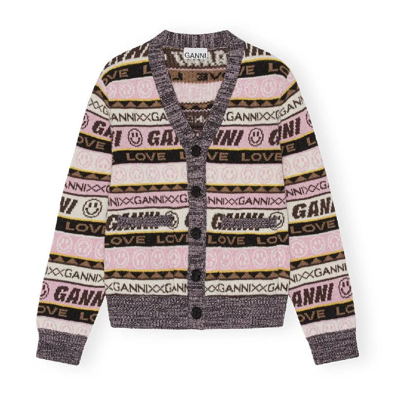Ganni Graphic Lambswool Cardigan 'Oak' Tailored Straight A-Line