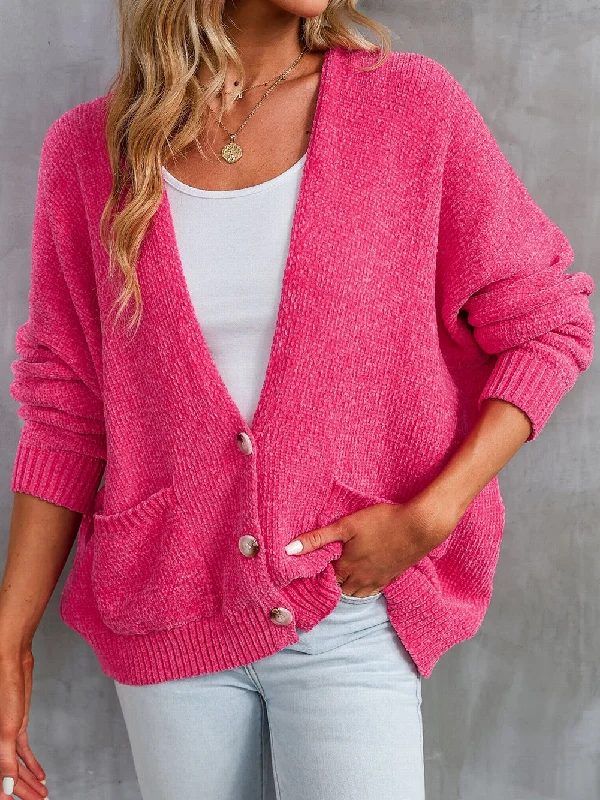 Blush Rose V-Neck Cardigan with Front Pockets Herringbone Houndstooth Plaid