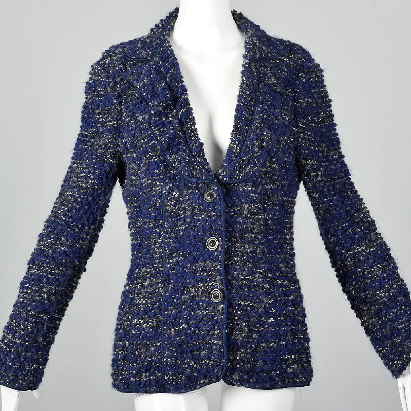 1990s Armani Collezioni Blue Knit Cardigan Velvet Chenille Corduroy