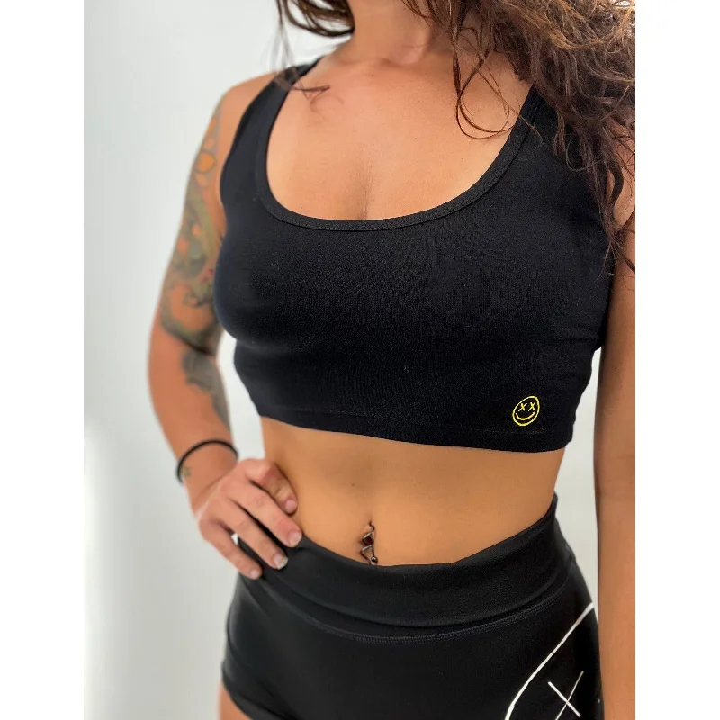 Salty Savage Ladies “OG Smile” Double Scoop Neck Cropped Tank | Black/Yellow off shoulder tank