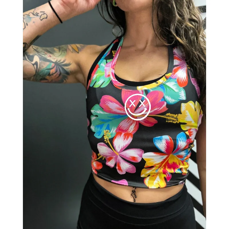 Salty Savage Ladies “OG Smile” Racerback Performance Crop Tank | Micro | Hawaiian Flowers workout tank top