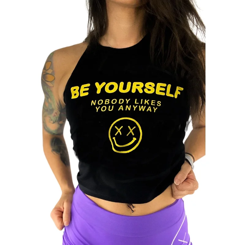 Salty Savage Ladies "BE YOURSELF, NOBODY LIKES YOU ANYWAY" Flowy Crop Tank | Yellow cropped tank top