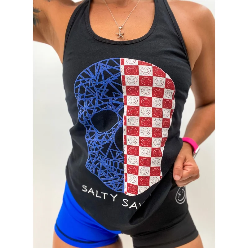 Salty Savage Ladies “Spliced Checkered Geo Skull” Racerback Tank Top | Red White & Blue stretchy tank top