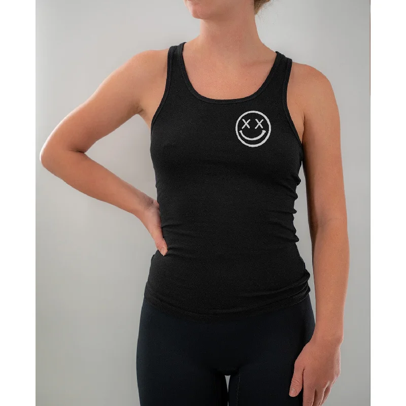 Salty Savage Ladies "OG Smile" Stretchy Fitted Racerback Tank | Basic | Black scoop neck tank